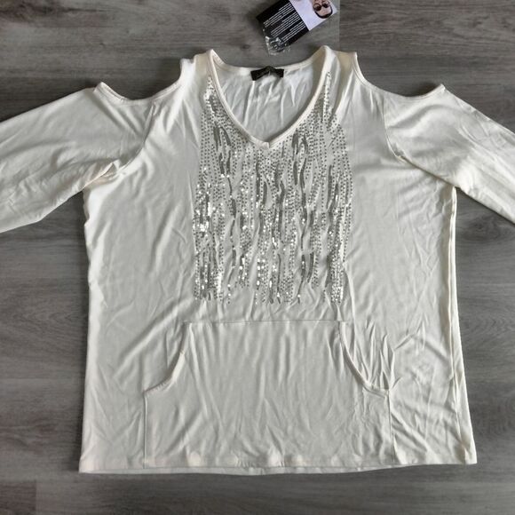 NWT Joan Boyce 2 Piece Outfit Cream Cold Shoulder Top Pants 2 XL - Picture 1 of 14